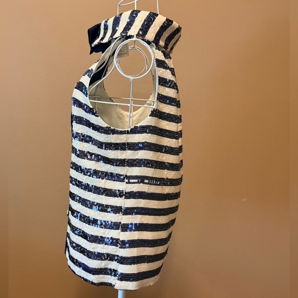 Sail to Sable Sequin Stripe Cowl Neck Halter Top Navy White Lined S/M - Picture 4 of 8